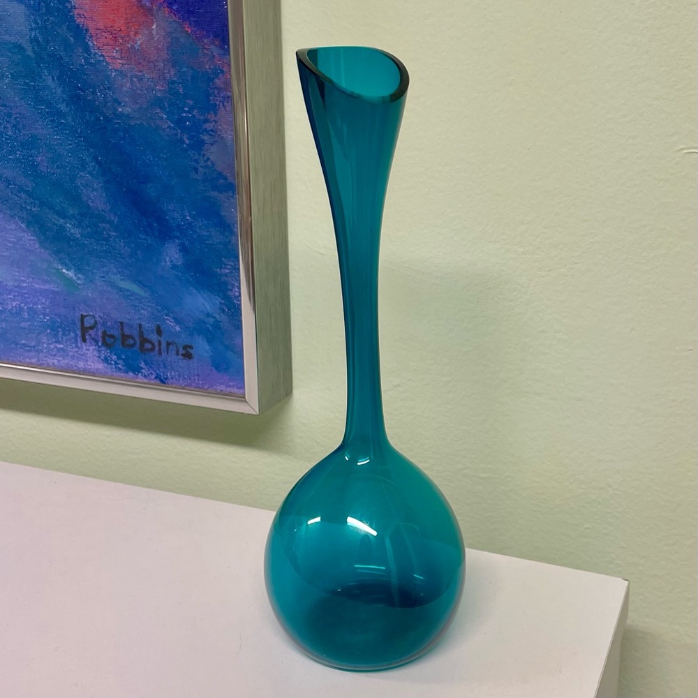 Vintage Mid Century Modern Lindshammar Gunnar Andar Swedish Teal Blue Bud Vase
